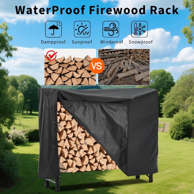 OUYAWEI Outdoor Firewood Rack with Waterproof Zipper Cover 4FT Powder-Coated Fully Covered 600Lb Capacity Black