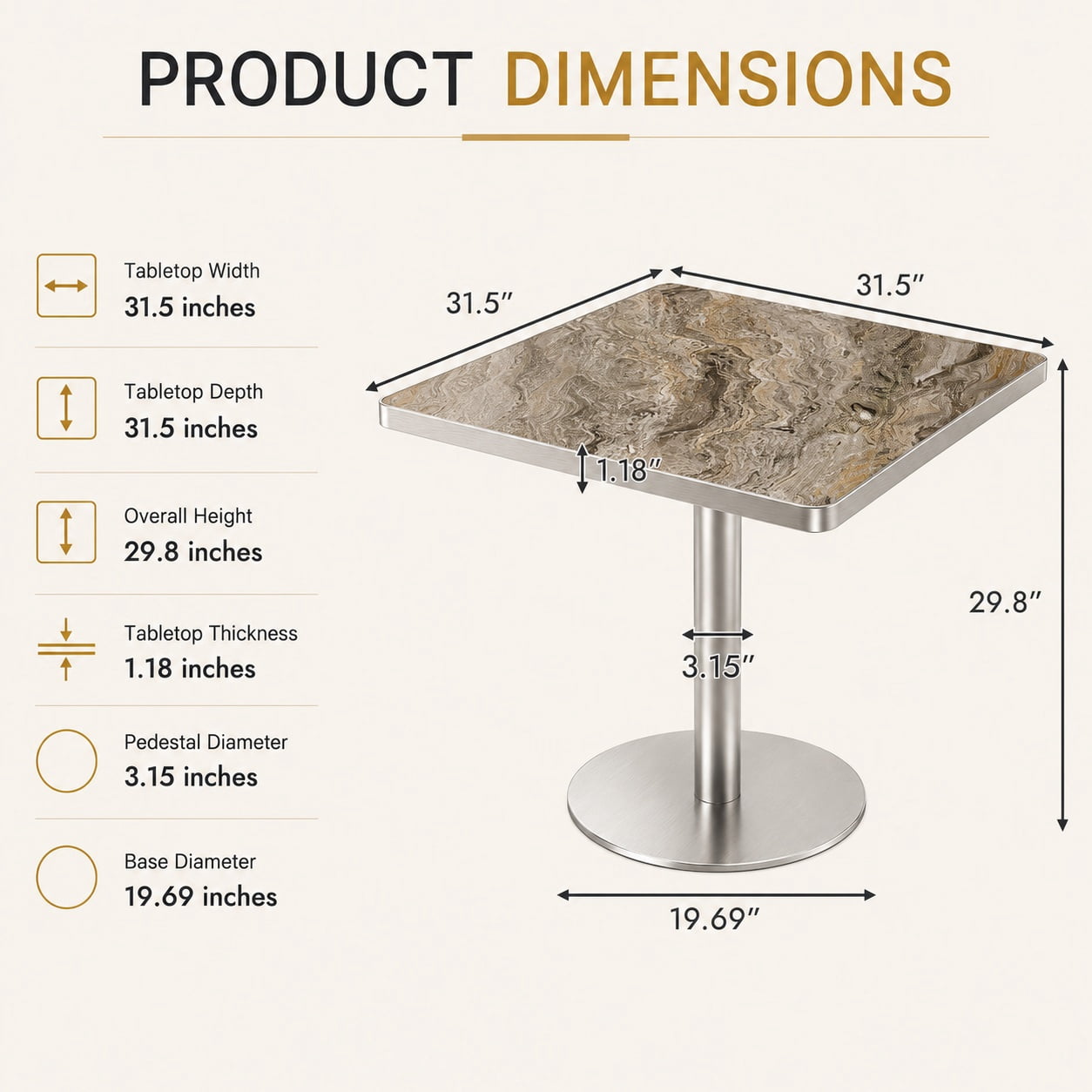 Aukfa 31.5" Square Dining Table for 2-4, Marble-Look Sintered Stone Top, Silver Pedestal Base, Small Spaces,Silver Gray Marble