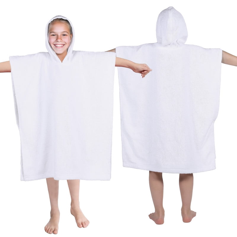 Superior Lyron Kids Cotton Terry Medium Weight Hooded Poncho Bath Towel, Large, White