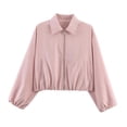 thumbnail image 2 of Karymi Rain Jacket Collared Zip Up Cropped Jacket, Elastic Bubble Hem Long Sleeve Windbreaker Coat with Side Pockets Womens Tops Dressy Casual, 2 of 9