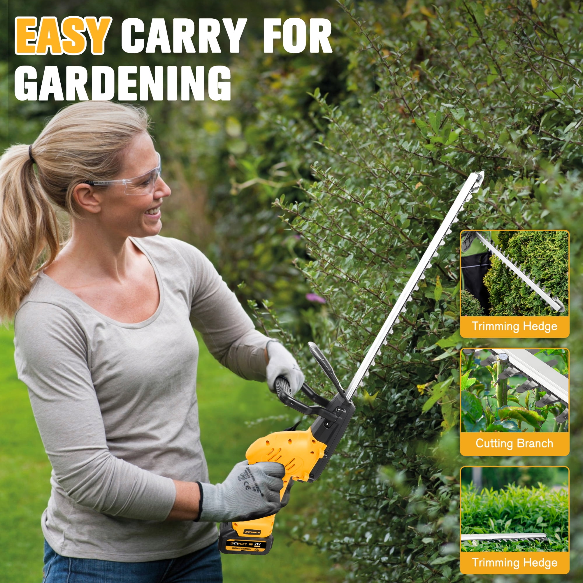 Hedge Trimmer Cordless, UMTIMATY 21V Electric Hedge Trimmer with 3.0Ah Battery and Charger for Bush Shrub Cutting, Trimming, Yellow