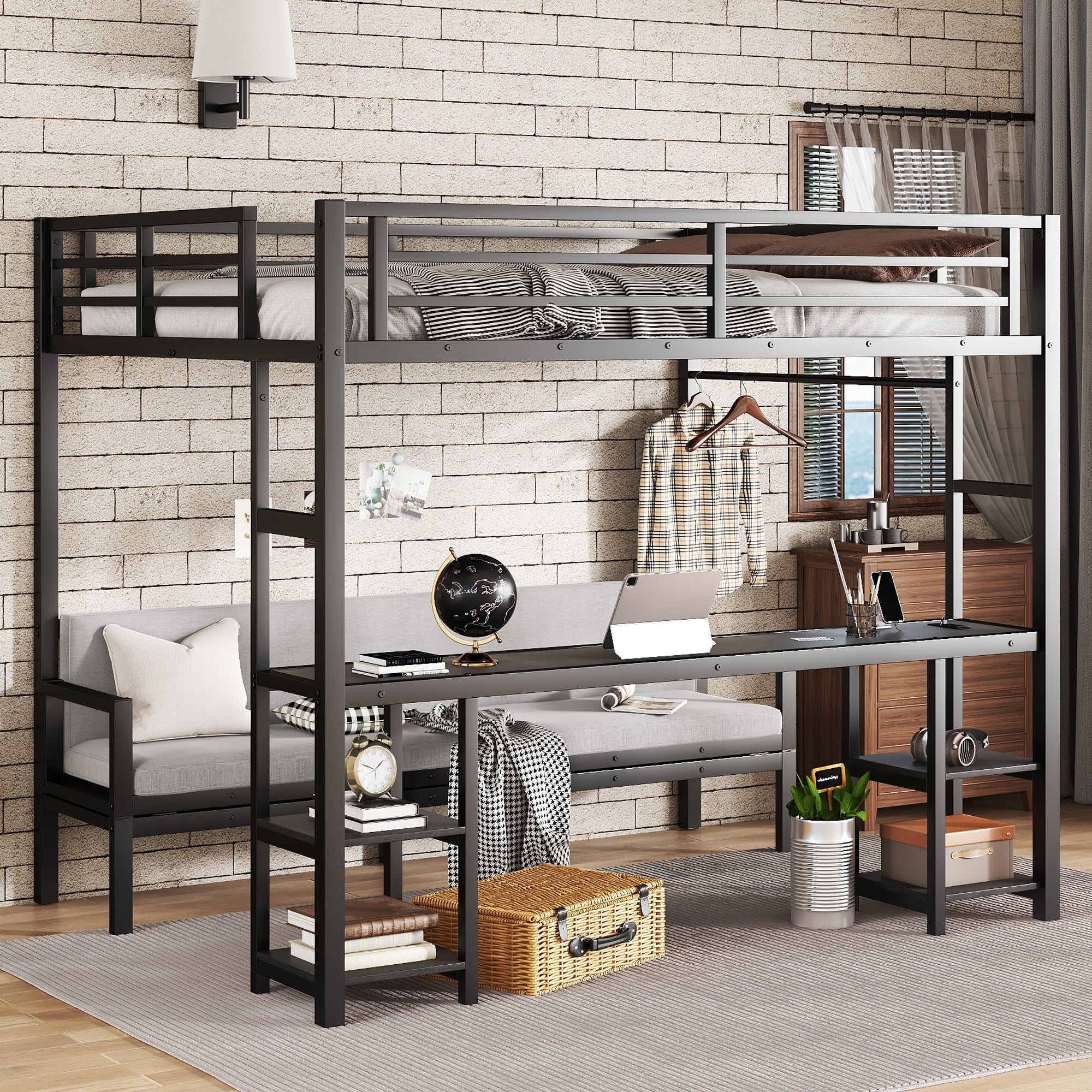 Bunk Bed with Desk, Queen over Twin XL Metal Bed, Loft Bed with Folding Sofa, LED Lights, USB, Storage Shelves, Folding Design, Black for Kids Bedroom Shared Room