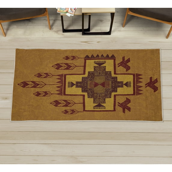 Tribal Decorative Rug, Hand Drawn Dreamcathcher Folkloric Birds Image Ethnic Ikat Design, Quality Carpet for Bedroom Dorm and Living Room, 6 Sizes, Pale Coffee Maroon, by Ambesonne