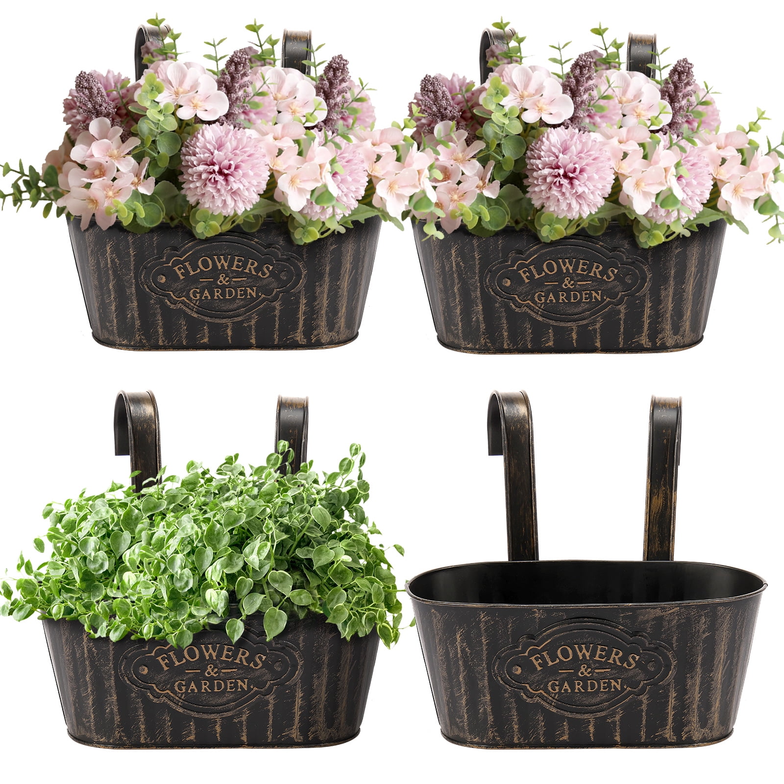 Keyohome 4Pcs Hanging Flower Pots,Metal Wall Planter,Iron Bucket Planter with Detachable Hooks for Indoor Outdoor,Drainage,Rustproof,Black,10.6"