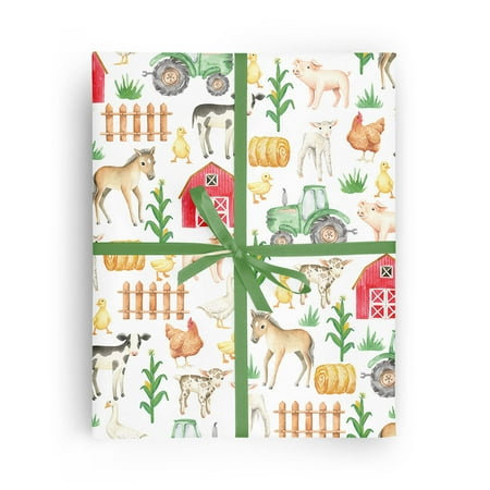 REVEL & Co PresNok Baby Farm Animals Folded Wrapping Paper with Cow, Horse, Sheep, Goat, Pig, Duck, Chicken, Tractor, and Barn, 2 Feet x 10 Feet Easy to Store Folded Wrapping Paper