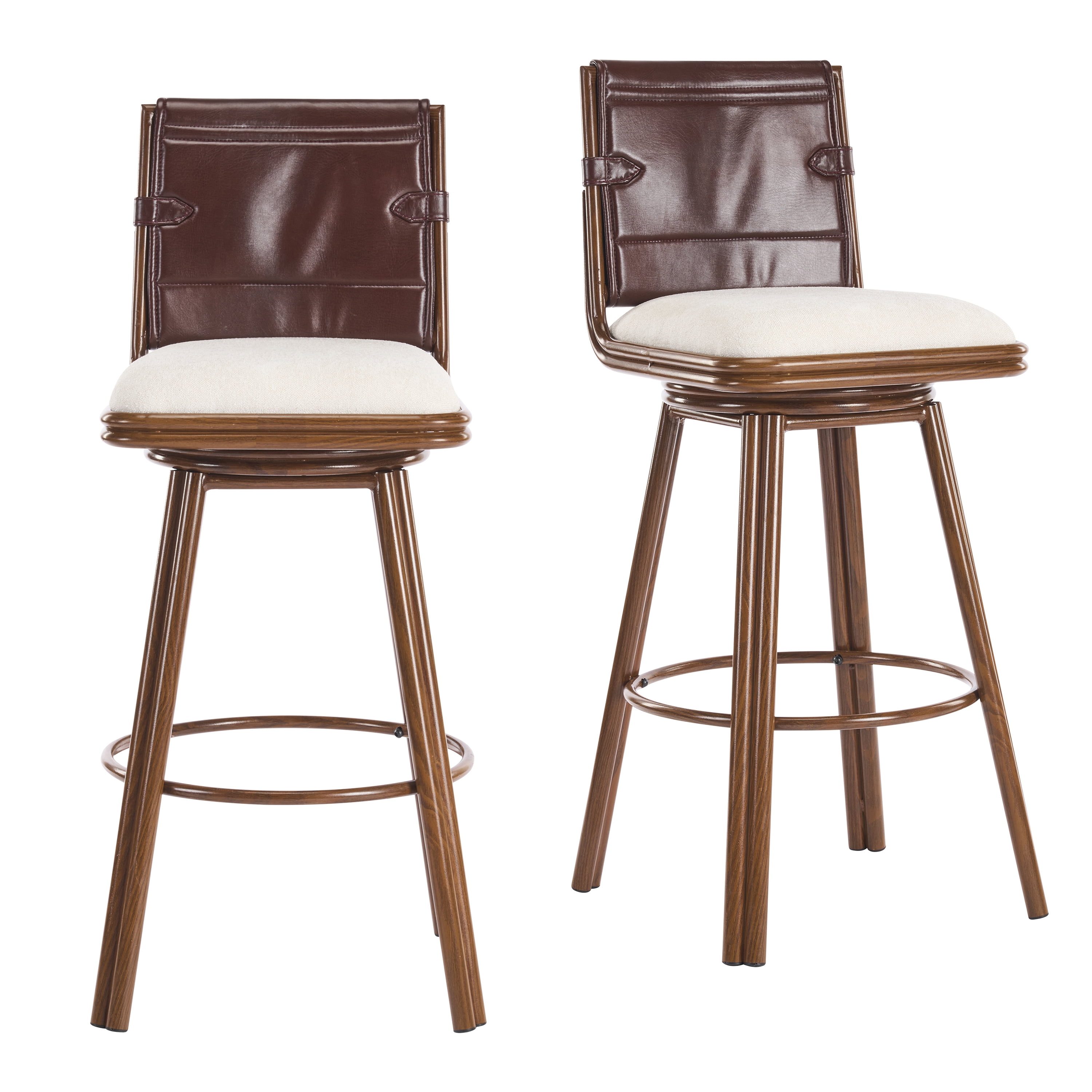 Counter Height Swivel Stools, 360-Degree Rotating Bar Stools with Beige Fabric Seat and Walnut Finish Iron Frame, Adjustable Height Stools for Kitchen Island, Game Room, Office, Set of 2