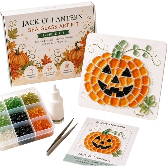 Sea Glass Art Kit Mosaic Art for Adults, Halloween Pumpkin 5.91 Inch DIY Mosaic Art Kit, Beginner Friendly Craft Set with Colorful Pieces, Home Decor Gift