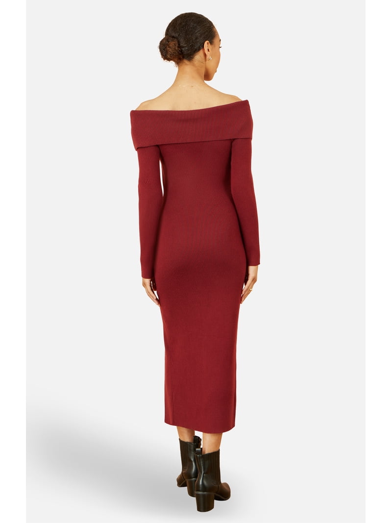Yumi Women's Bardot Knitted Fitted Midi Dress