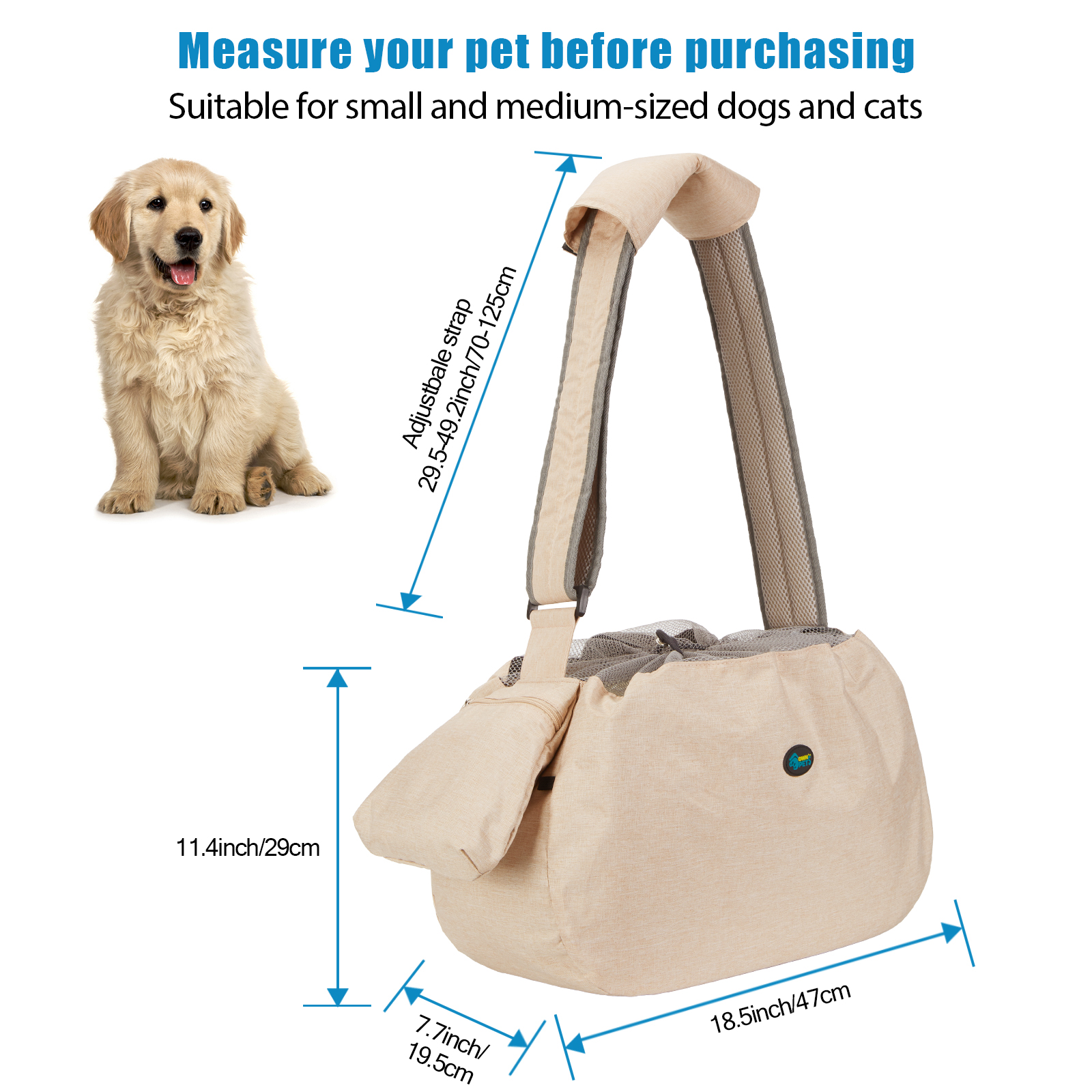 Ownpets Beige Pet Sling Carrier with Adjustable Strap and Pocket Shoulder Pad Fits 15 to 20lbs Extra-Large Dog/Cat