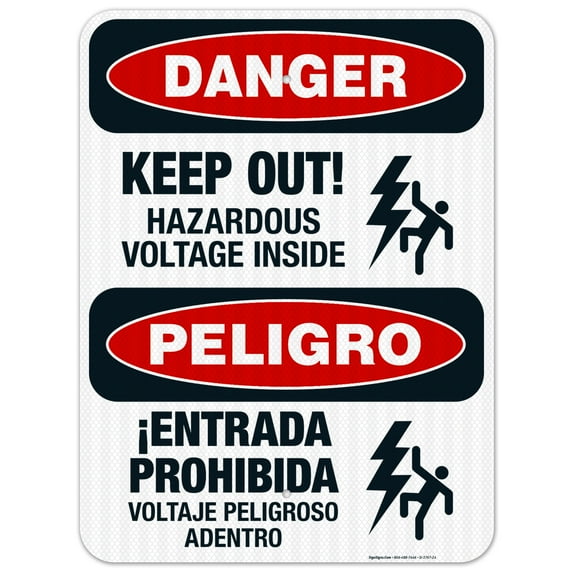 Keep Out Hazardous Voltage Inside Bilingual Sign, OSHA Danger Sign, 18x24 Reflective Aluminum EGP