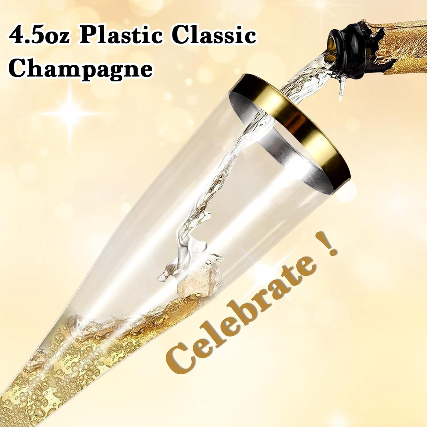 100 Pack Plastic Champagne Flutes,4.5 oz Gold Rim Plastic Champagne Glasses,Clear Disposable Champagne Flute,Disposable Toasting Glasses for Parties, Weddings
