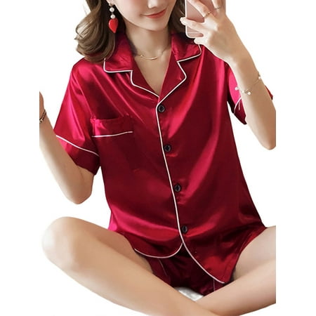 

LilyLLL Womens Satin Silk Pyjamas Nightwear Buttons Short Sleeve Sleepwear Pjs Set