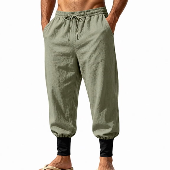 HOMADLES Mens Casual Linen Joggers Pants Elastic Waist Loose Fit Sports Pants Side Pocket Outdoor Athletic Pants Army Green Size 3XL
