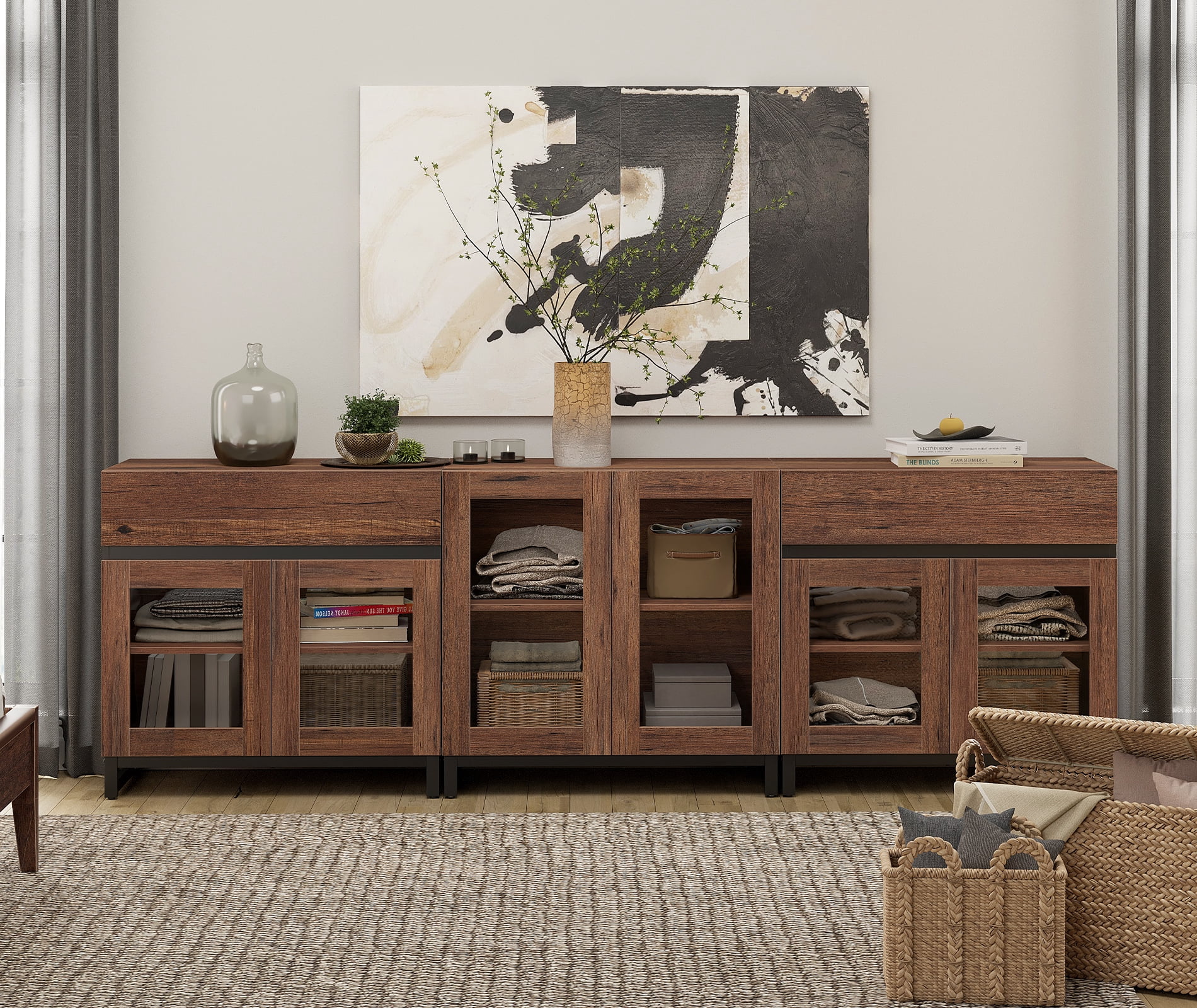 3 In 1 Modern Dresser with Glass Doors, 2 Drawers and Adjustable Shelves, Metal Base Storage Chest, Multifunctional Closet Organizer Cabinet for Bedroom,Brown