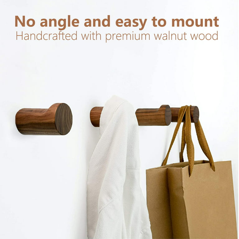 YANGQIHOME Pack of 4, Minimalist Design, Black Walnut Wood Natural Wooden Coat Hooks, Wall Mounted Single Wall Wood Hook Rack, Clothes Hat Hanger