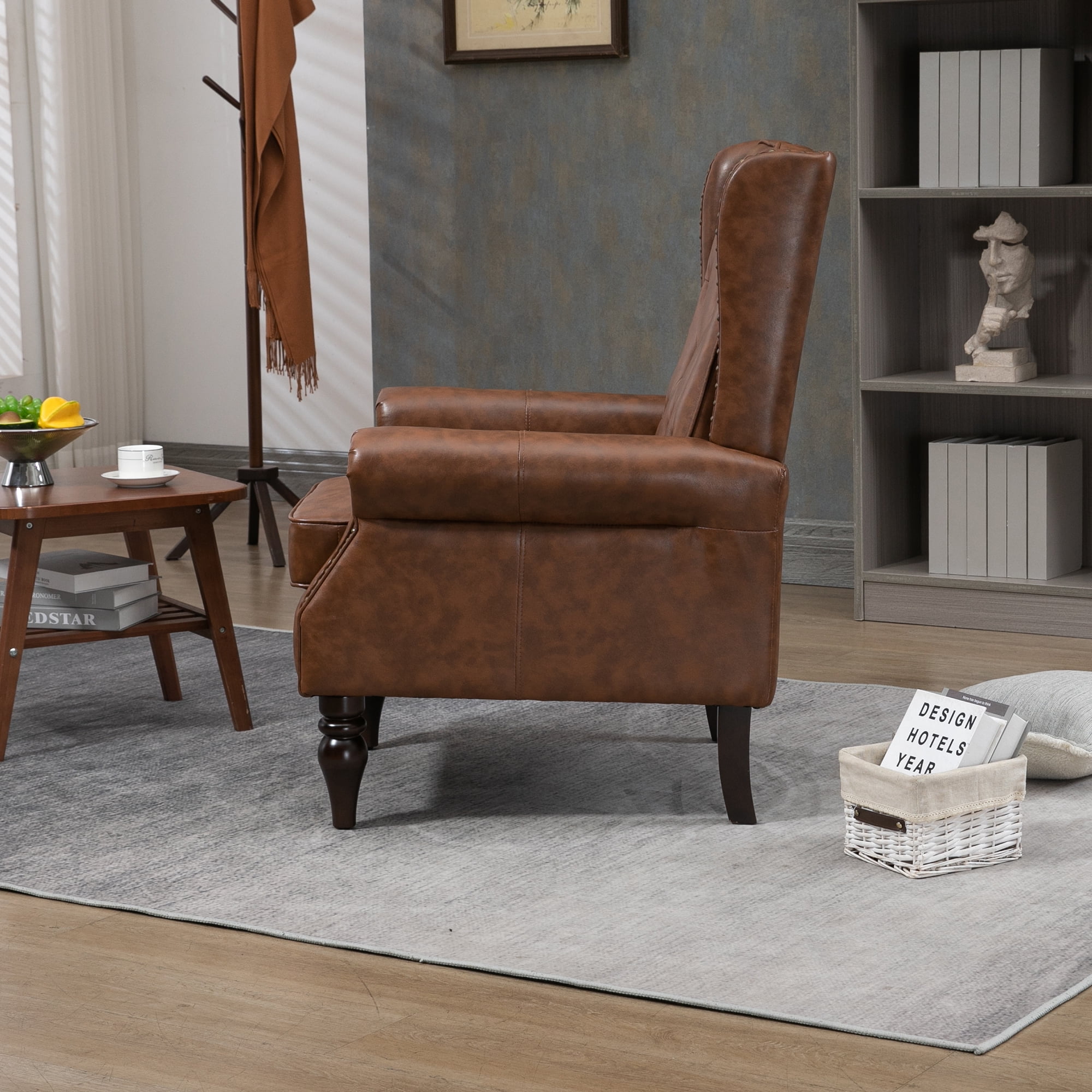 MAYEERTY Wood Frame Armchair, Modern Accent Chair Lounge Chair with Sturdy Wood Legs for Living Room Bedroom，Brown PU