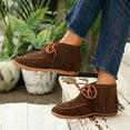 thumbnail image 2 of Fringe Ankle Boots for Women Casual Stitching Suede Lace up Flat Booties Fall Winter Casual HIgh Top Walking Shoes, 2 of 5