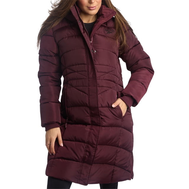 Chaqueta puffer maxi para mujer Reebok, larga e утепlada, color borgoña, talla L