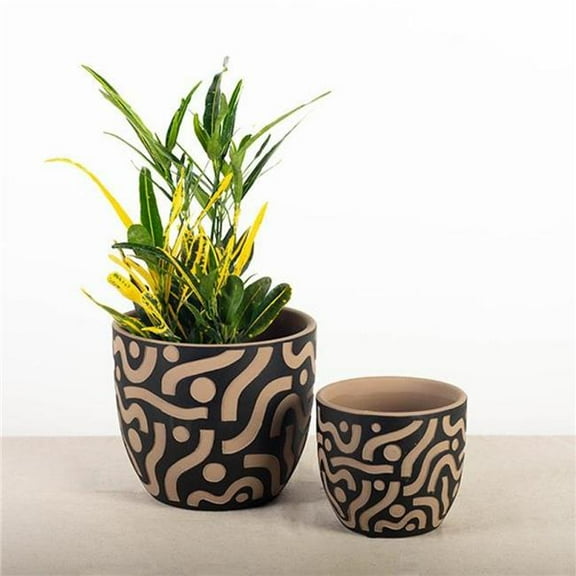 MDR Trading Inc. FP-CNP-304-B Set Of 2 Terracotta Black With Aztec Inspired Design Planters
