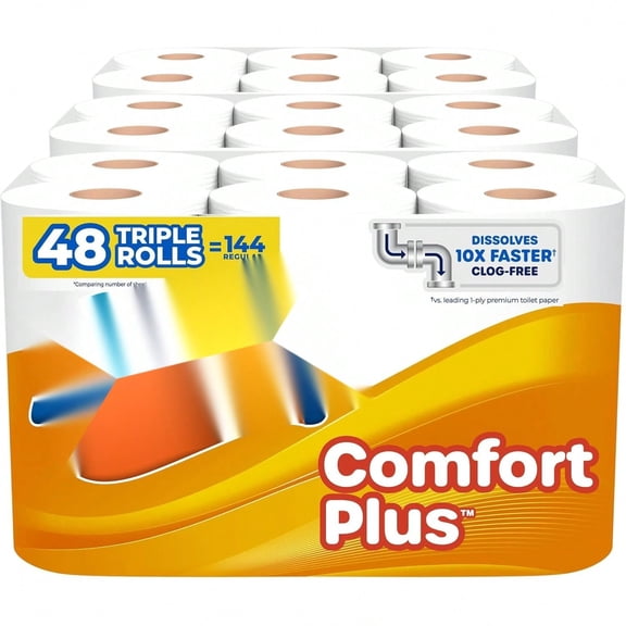ComfortPlus Toilet Paper, 48 Triple Rolls, 231 Sheets per Roll, Septic-Safe, 1-Ply Toilet Tissue