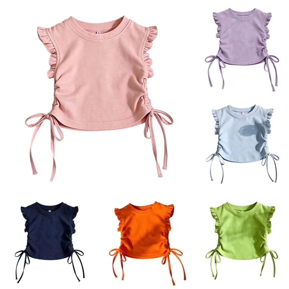 Dpytoraw Girls Tie Flutter Sleeve Short Sleeve Tops,Casual Basic Toddler Kids Summer Tee Size 3-4 Years