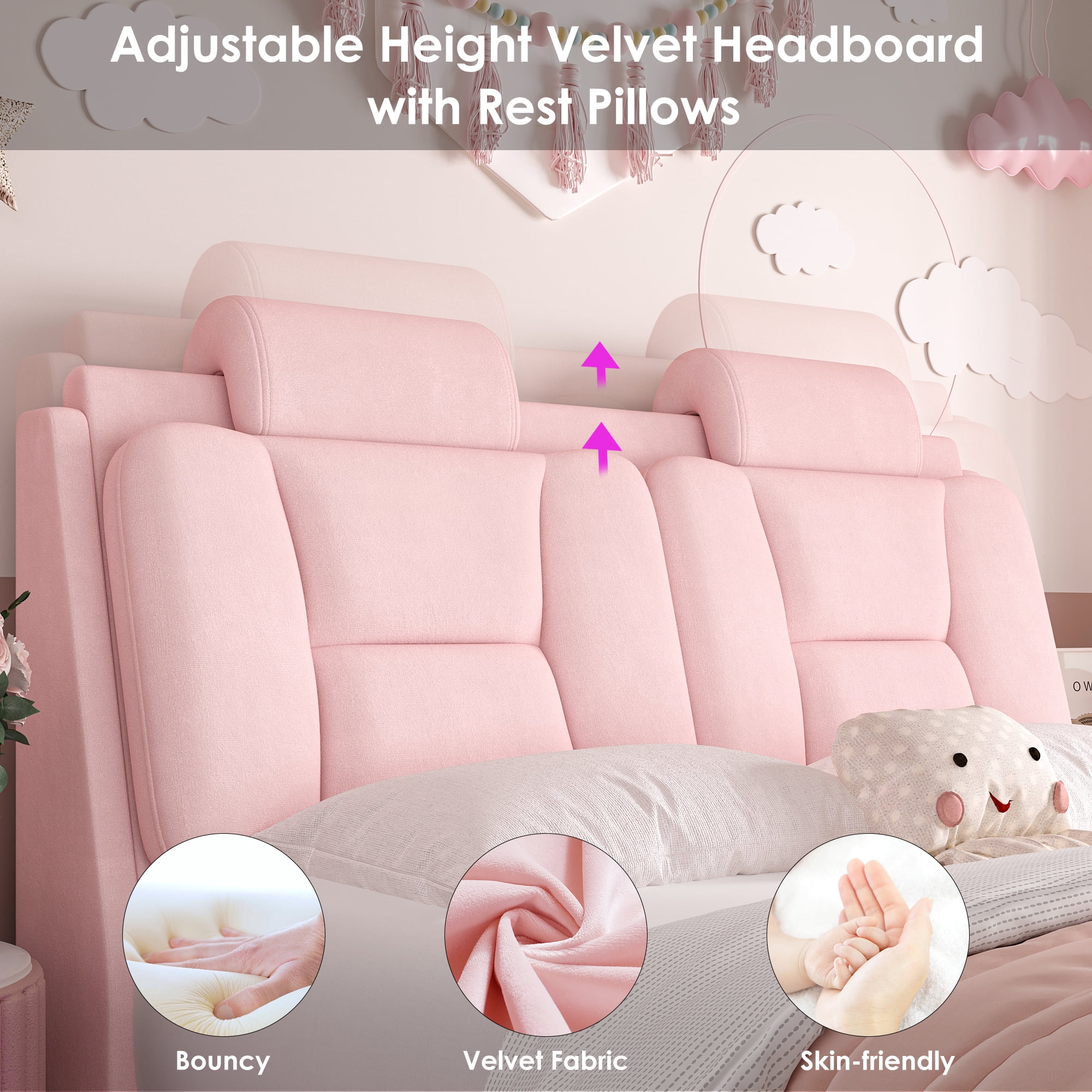 Homfa Full Size Car Bed Frame with LED Wheels, Velvet Upholstered Platform Bed with Adjustable Headboard and Removable Pillows, Pink