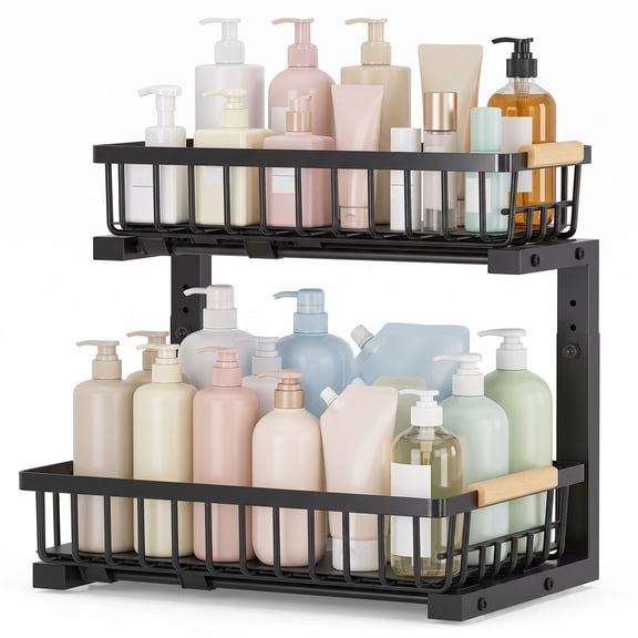 Under Sink Organizer, Pull Out Cabinet Organizer with Sliding Drawer, L-Shaped 2 Tier Metal Shelf for Kitchen Bathroom Cabinet Storage, Black