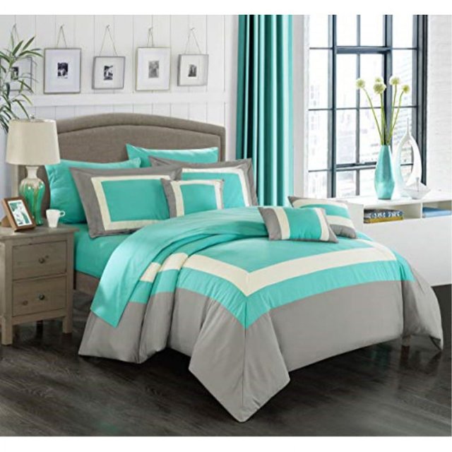 Chic Home CS1467-AN Duke Ensemble Complet de 10 Pcs de Lit à Blocs de Couleur, Grand Lit, Turquoise