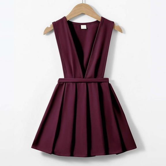 Girls' School Uniform V-Neck Jumper Dress Pleated Pull-on Scooter Skirt (Red 3-4 Years)