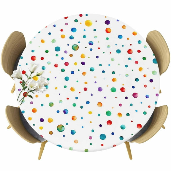 Colorful Polka Dot Round Tablecloth 55-60 Inch Round Fitted Table Cloth with Elastic Edge, Rainbow Point Vibrant Waterproof Table Cover Protector for Outdoor Picnic Party Dining
