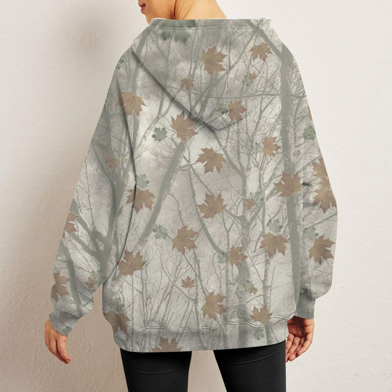 Sksloeg Women's Camo Hoodie Maple Leaf Print Oversized Sweatshirt Fleece  Hooded Sweatshirts with Pocket Casual Fall Pullover,Khaki L
