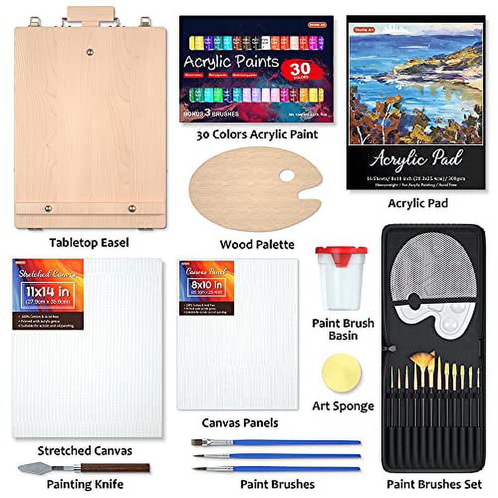 Acrylic Painting Set, Shuttle Art 59 Pack Professional Painting Supplies with Wood Tabletop Easel, 30 Colors Acrylic Paint, Canvas, Brushes, Palette, Complete Painting Kit for Kids, Adults, Artists