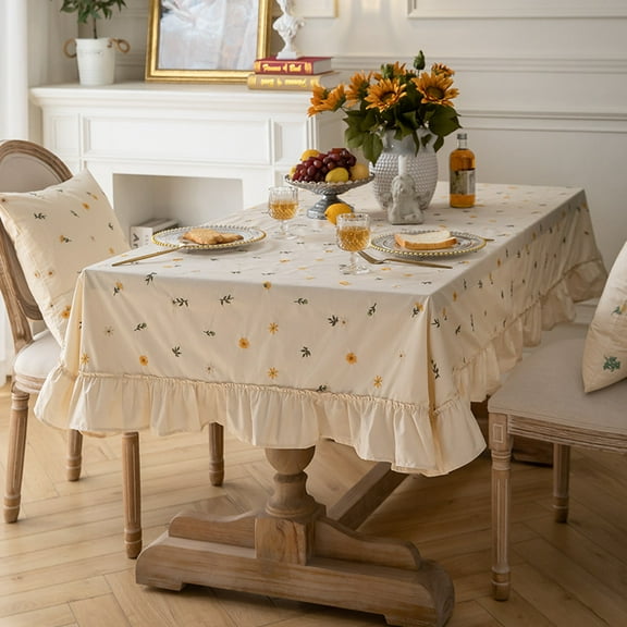 Lavender Embroidered Tablecloth - Round Lace Trim Heavyweight Tea Table Cover, Cottagecore Aesthetic for Dining Room & Coffee Table Decor