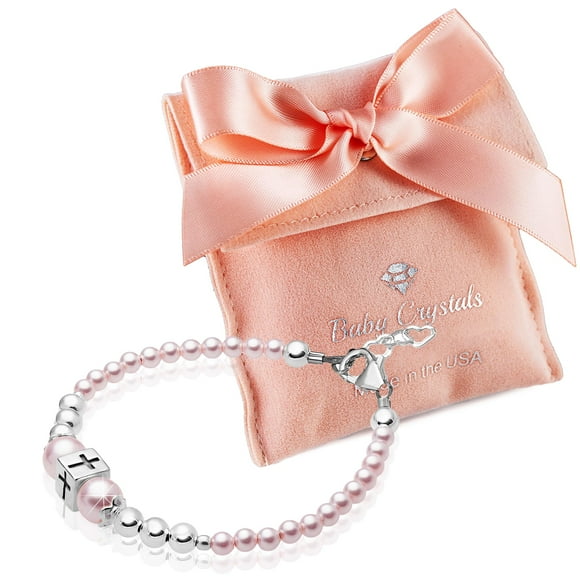 Baby Crystals Delicate Baptism Pearl Bracelet for Girls, Sterling Silver Cross Charm Baptism Gifts for Girl Embellished with High-end Pink Simulated European Pearls, Girls Jewelry