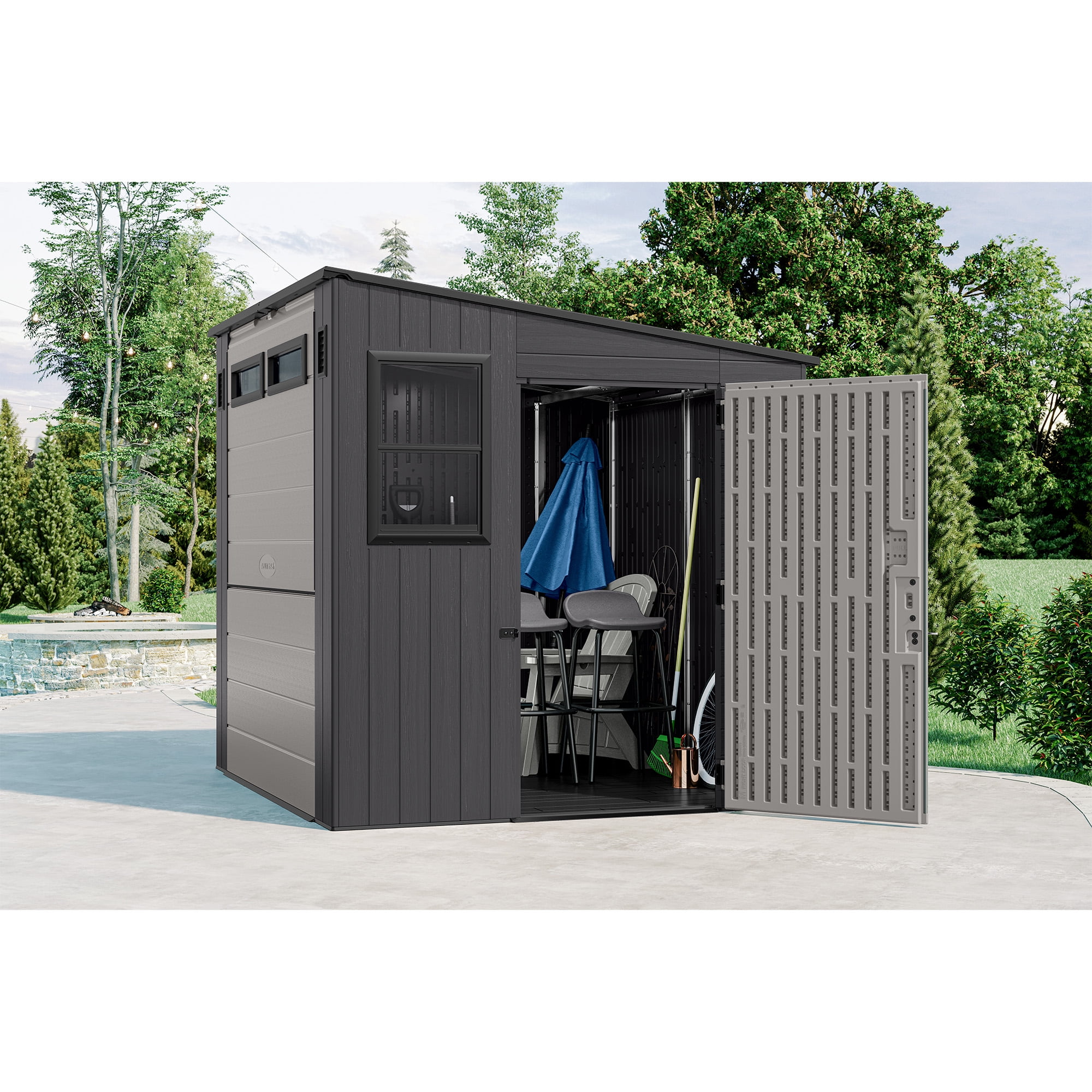 Suncast 8' x 7' Cabana Entertainment Storage Shed, All-Weather Outdoor Shelter, Gray