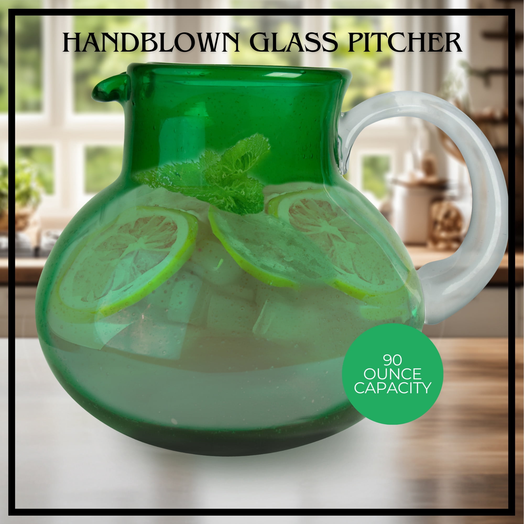 Artland Iris 90 Oz Handblown Glass Pitcher - Bubble Shape, Lead-Free - Versatile Drink Dispenser for Water, Juice, Cocktails - Enhanced Kitchen Decor, Dishwasher Safe (Green)