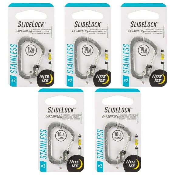 Nite Ize SlideLock Carabiner Stainless Steel - Key Holder Carabiner for Daily Use - Secure Keychain Organizer with Lock - Lockable Carabiner Fits Multiple Keys - Size 2 (5 Pack)