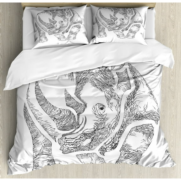 Rhino Duvet Cover Set Queen Size, Hand Drawn Graphic Style Animal from Jungles Giant Mammal Cartoon Sketch, Decorative 3 Piece Bedding Set with 2 Pillow Shams, Charcoal Grey and White, by Ambesonne