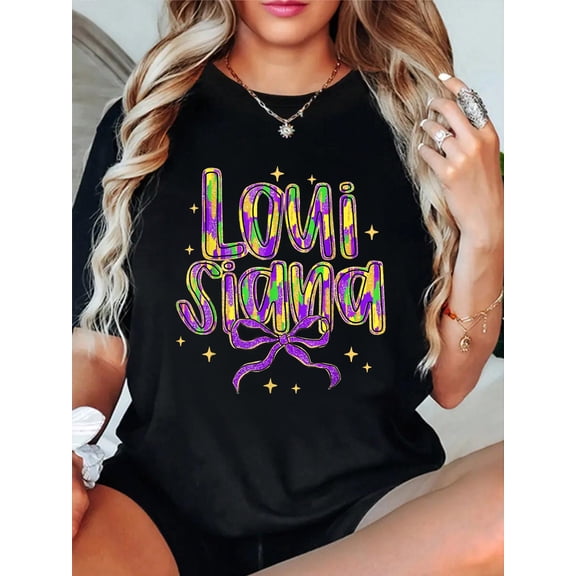 100% Cotton Louisiana Coquette Bow Mardi Gras T-Shirt Print Round Neck Cotton T-Shirt, Summer Women's Tops, gift