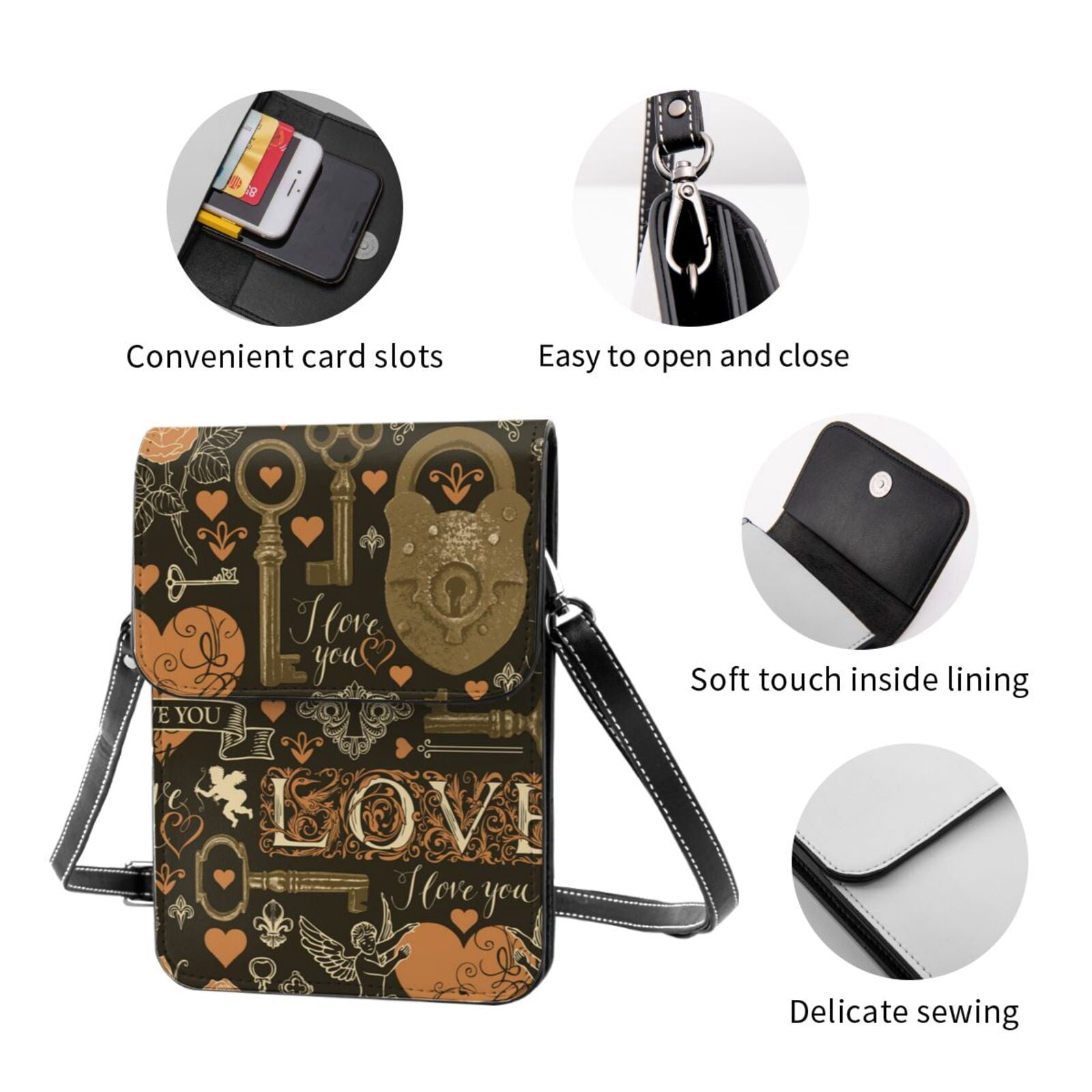 Love Hearts Old Keys Vintage Cell Phone Purse Small Crossbody Bag with Strap Credit Card Slots Leather Shoulder Wallet for Women