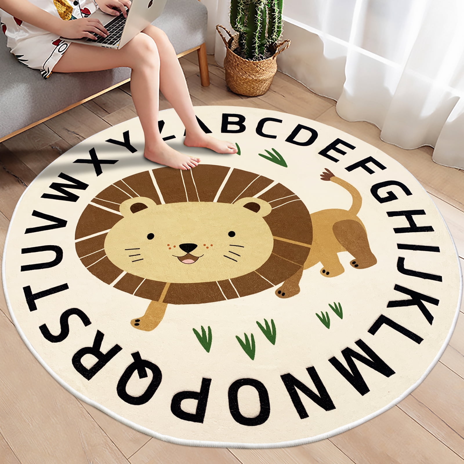LANPEI Kids Rug Lion Jungle Animal Play Mat 4Ft Round ABC Alphabet Area Rug Circle Boys Girls Bedroom Rug Floor Carpet Playroom Rug Nonslip Crawling Nursery Rug for Children Room, Waking