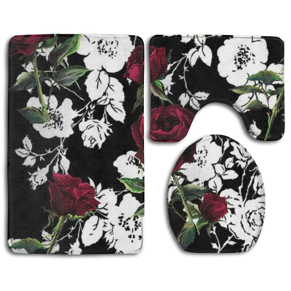 GOHAO Red and White Rose 3 Piece Bathroom Rugs Set Bath Rug Contour Mat