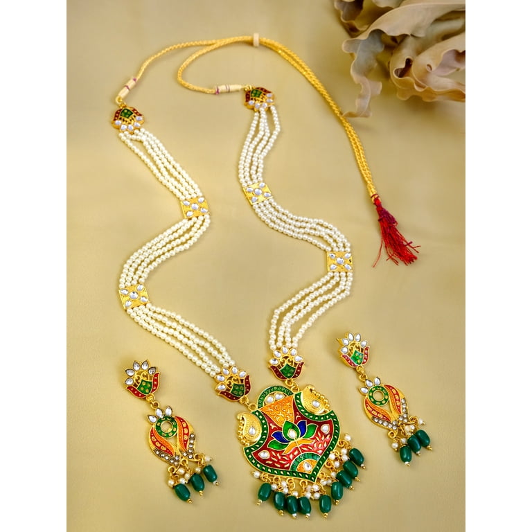 Crunchy Fashion Traditional Indian Bollywood Rhinestone Studded Red Green Stones Long Bridal Designer Wedding Bridal Jewelry Long Necklace Earrings