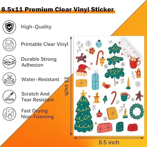 30 Sheets Premium Printable Vinyl Sticker Paper Clear - 8.5x11" for Inkjet Printers, Waterproof Tear Resistant, Dries Quickly, Vivid Colors, Easy to Cut for Cutting Machines, DIY Self-Adhesive Labels