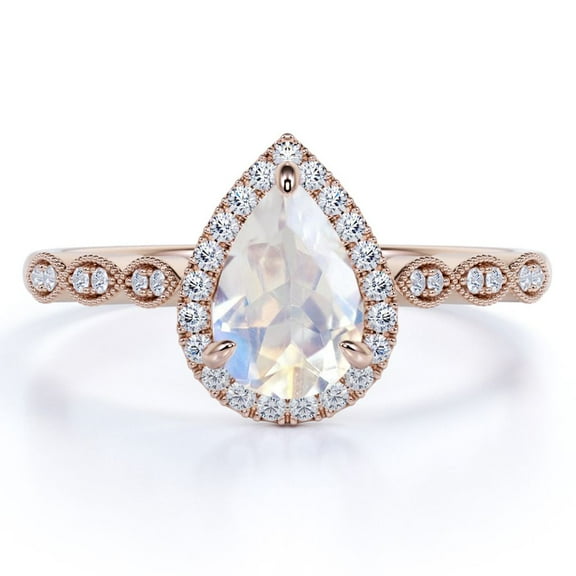 JeenMata 1.25 Carat Pear Shaped Blue Moonstone and Moissanite Halo Art Deco Engagement Ring in 18k Rose Gold over Silver