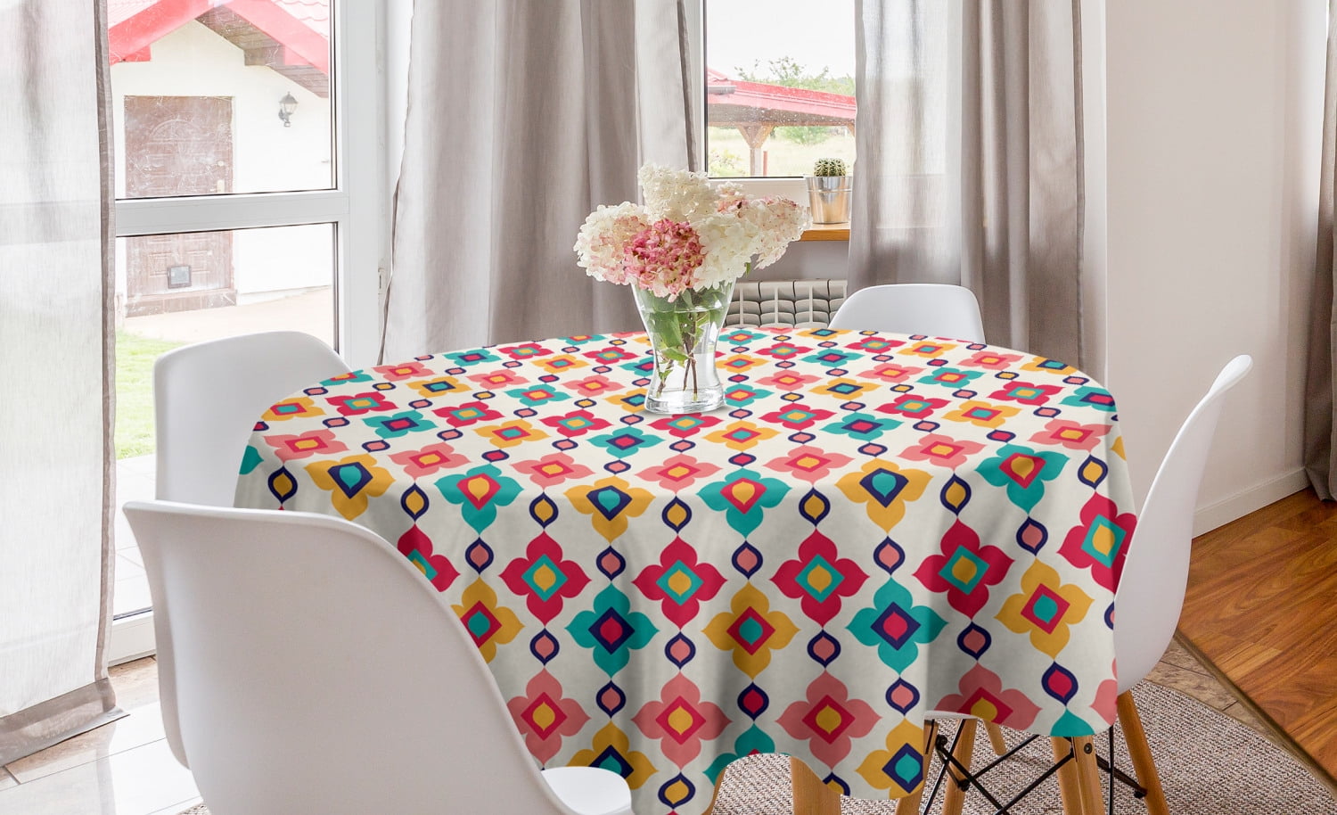 Ethnic Round Tablecloth, Oriental Inspired Floral Pattern as Vertical