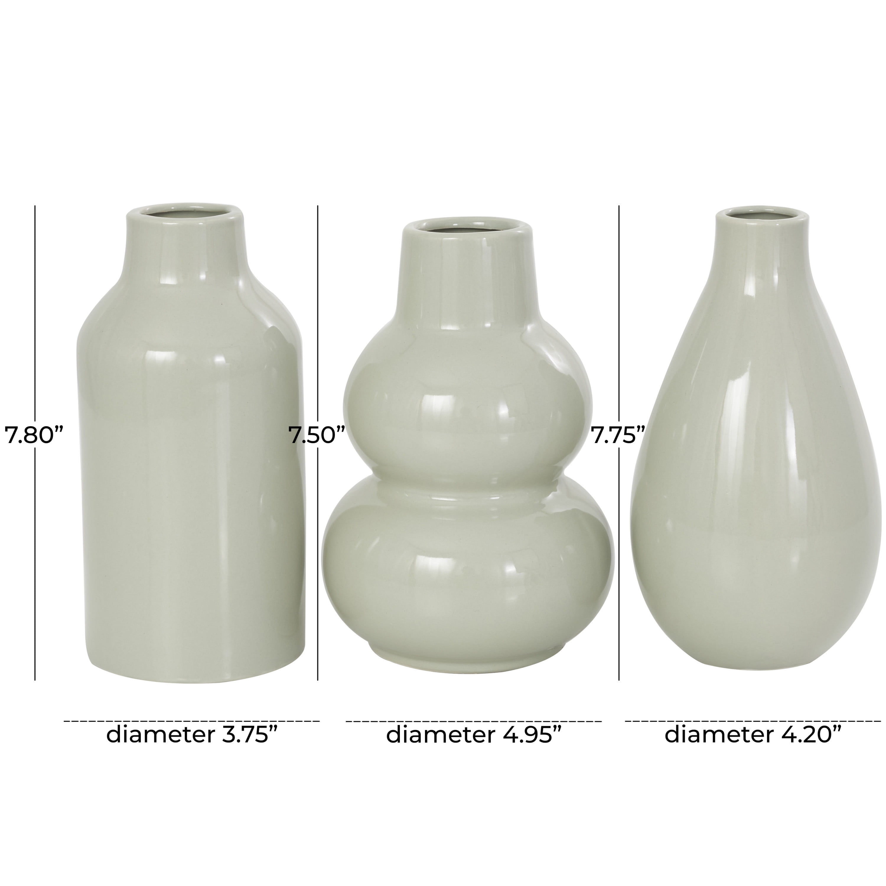 DecMode 5"W, 8"H Minimalistic Rounded Green Ceramic Vase with Varying Shapes, Set of 3