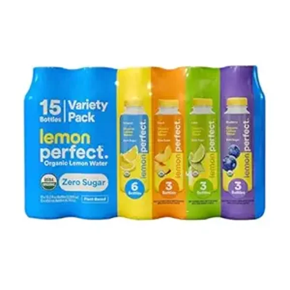 Zero Sugar Organic Lemon Water Variety Pack – 15.2 fl oz Bottles, 15 Count – Peach, Lime, Blueberry, Original