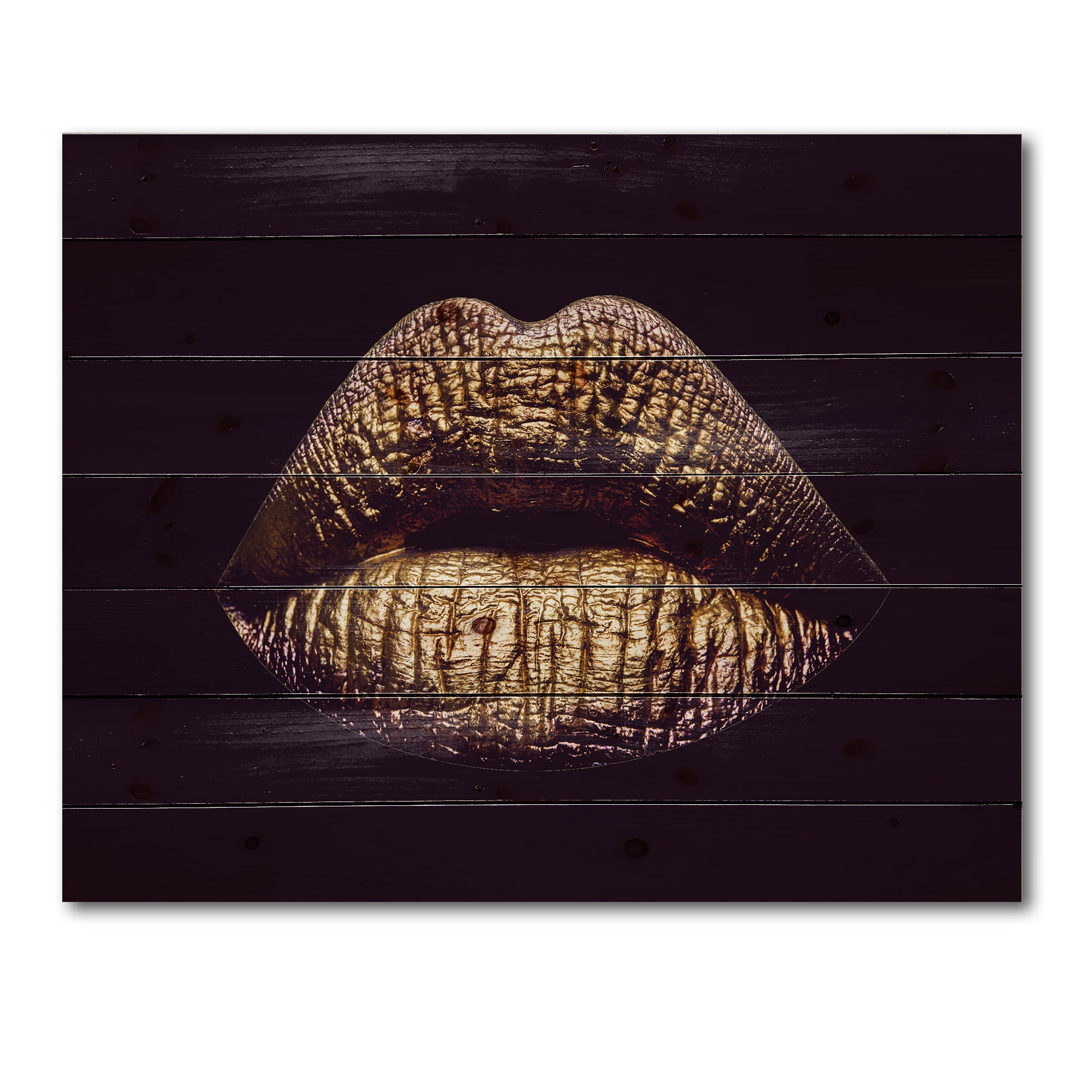 Designart 'Sexy Golden Metallized Woman Lips II' Modern Print on Natural Pine Wood