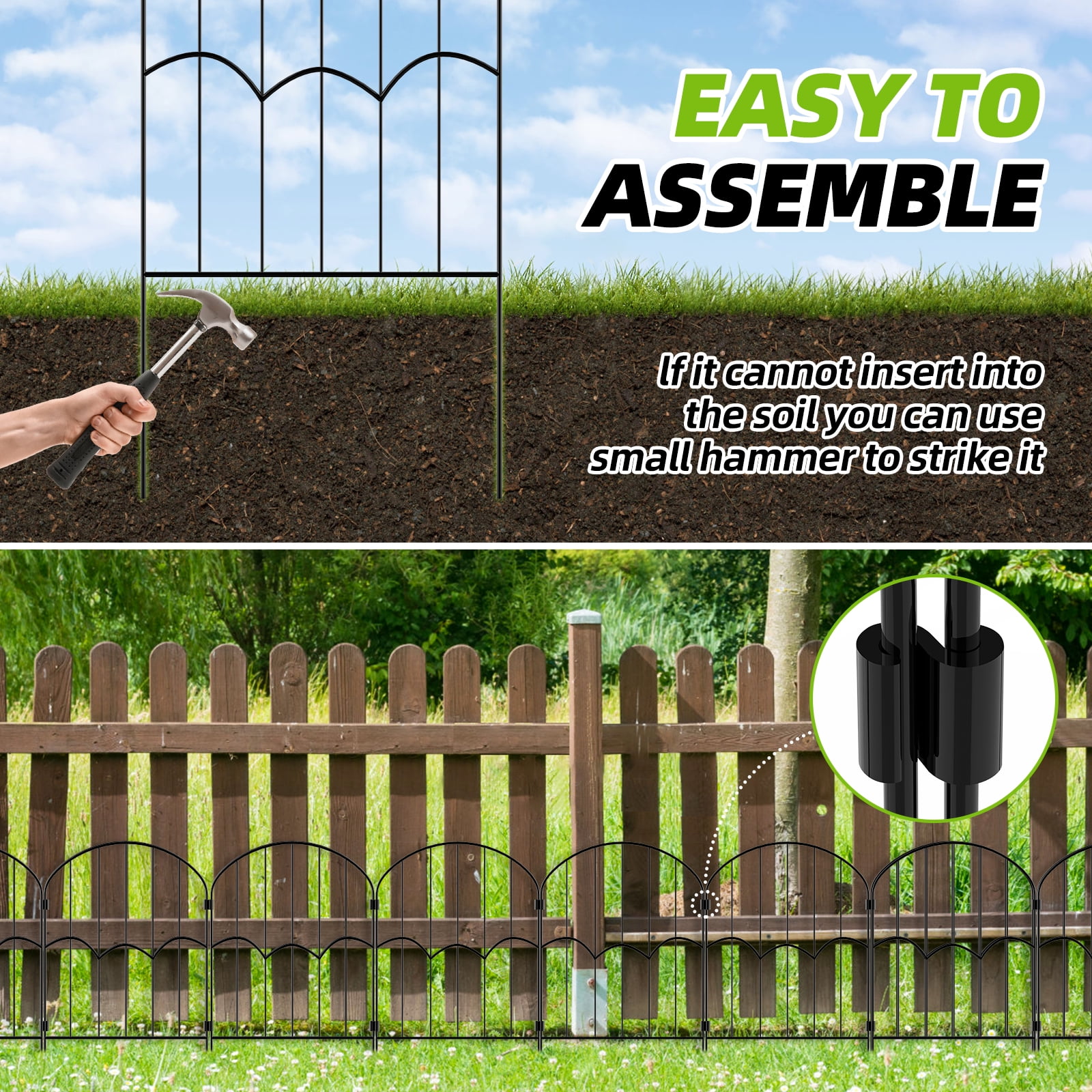 Garden Fence Metal Rustproof Decorative Fence, 12 Pack Black 13''L x 23"H , Arched